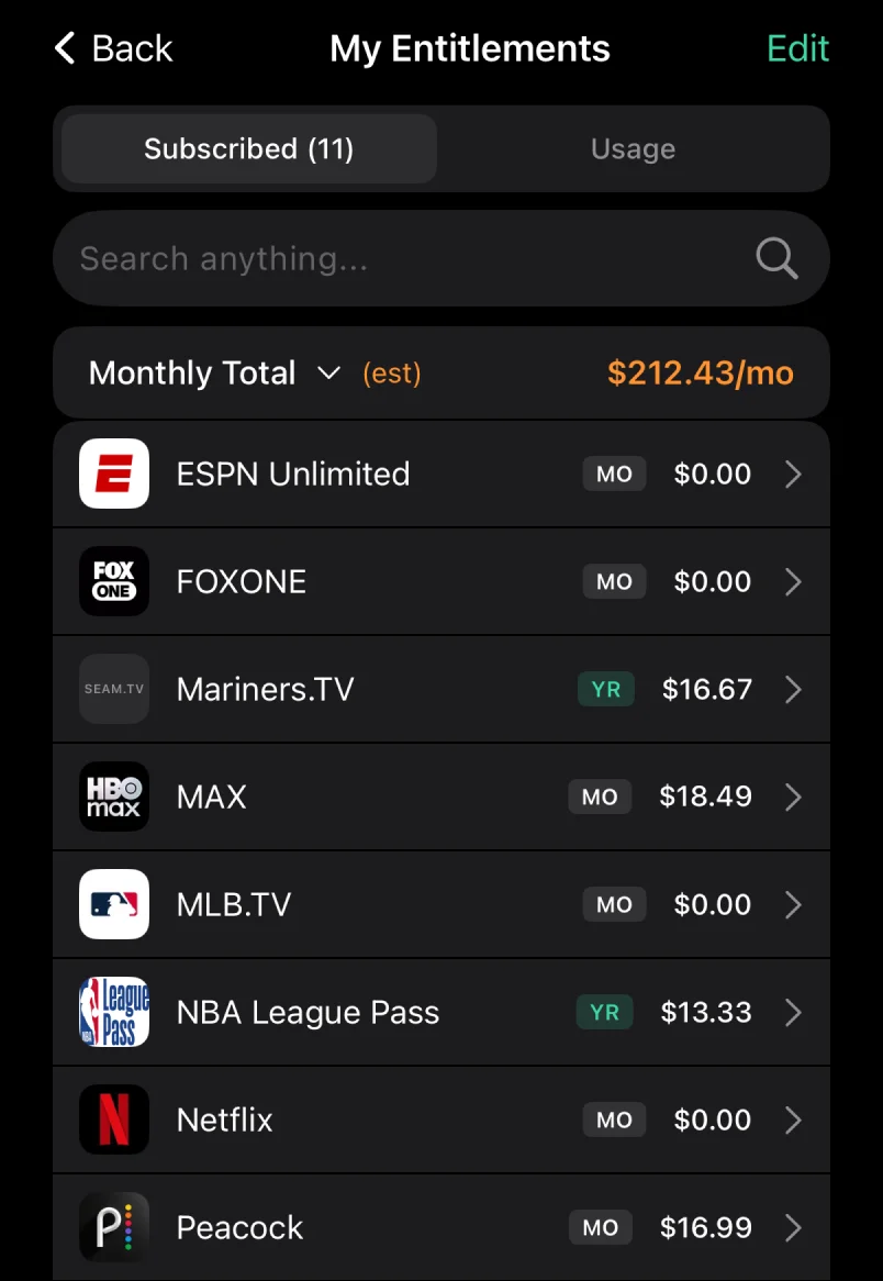 My Entitlements screen showing subscribed streaming services with monthly cost