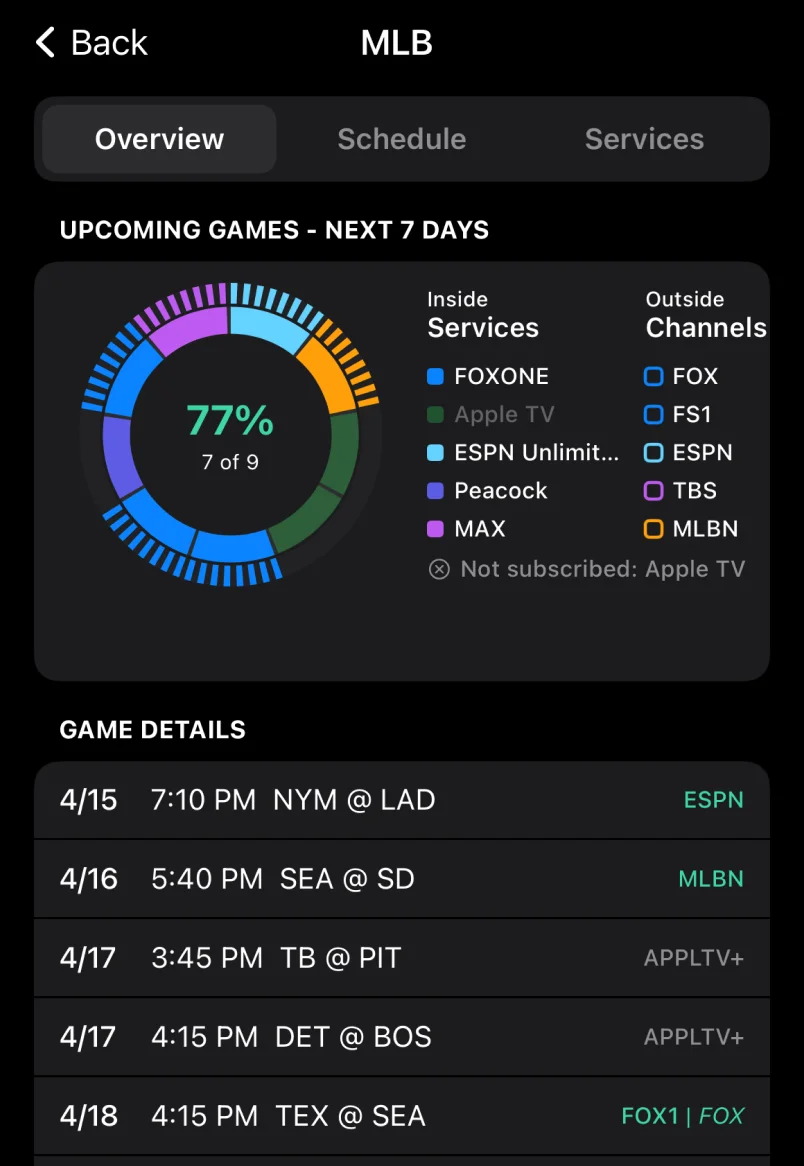 MLB league details showing upcoming games across your subscribed streaming services