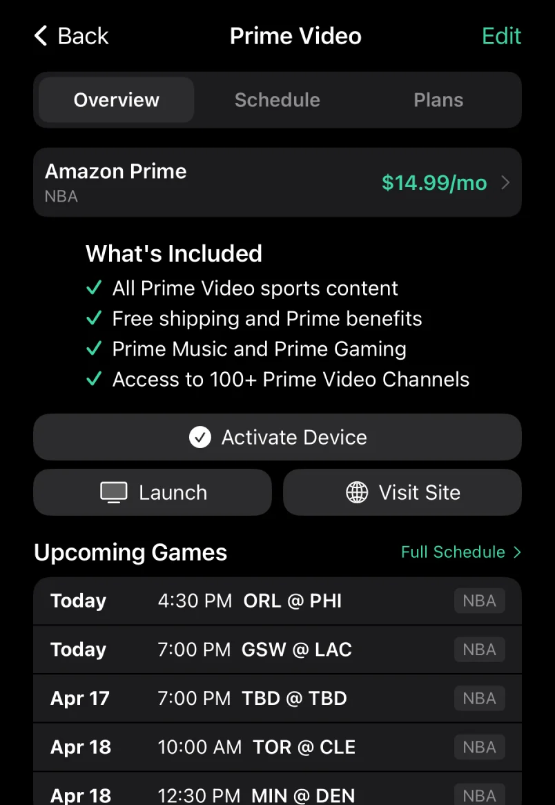 Prime Video streaming service details showing channels and available games